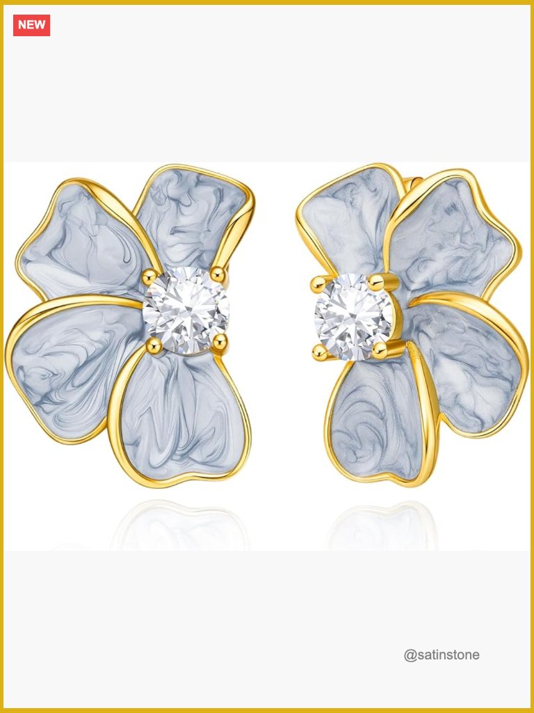 14k Gold Plated Boho Petal Flower Stud Earrings With Cubic Zirconia